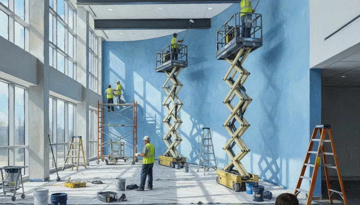 Commercial painting crew in St Charles, MO applying durable coating to a business exterior