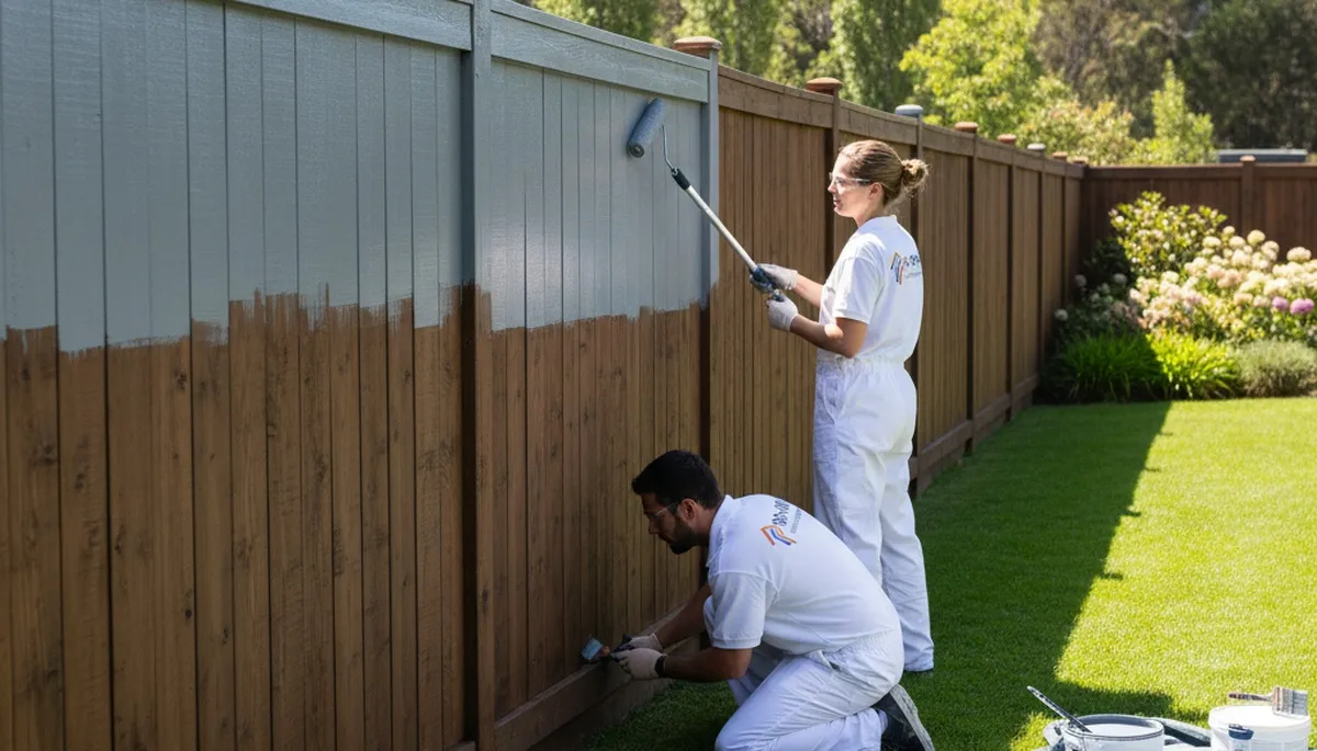 Fence painters in St Charles, MO applying exterior wood fence coating for durability and curb appeal