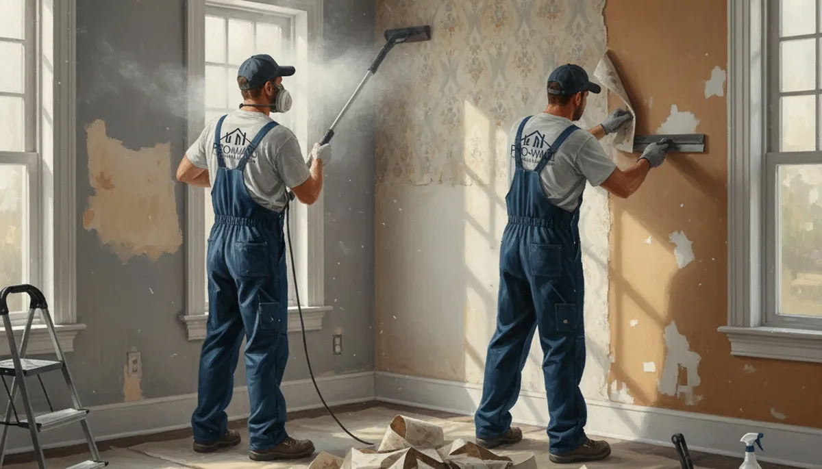 St Charles, MO painters removing wallpaper and prepping walls for repainting